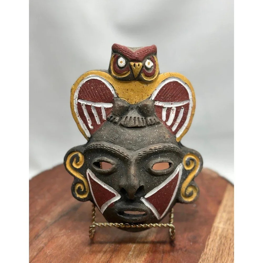 Stoneware Black Clay Aztec Folk Art Tribal Mayan Face Mask